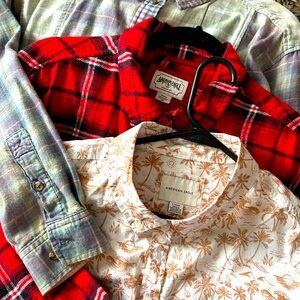 FOUR American Eagle cropped blouses. Three flannel, one cotton. Sold as a lot.